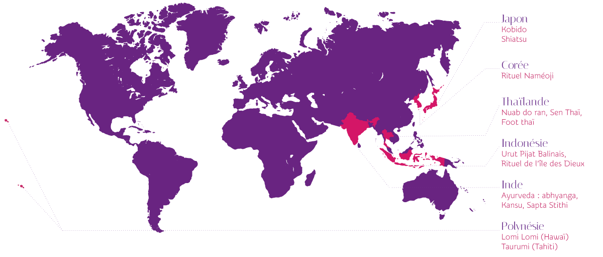 mappemonde situant l'origine des massages asiatiques