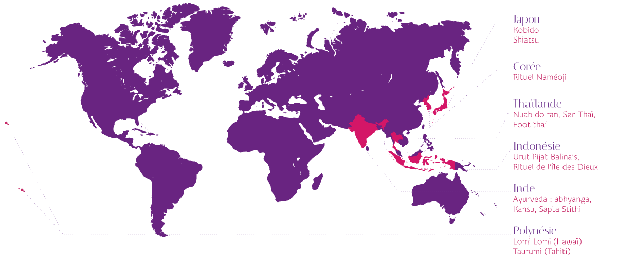 mappemonde situant l'origine des massages asiatiques